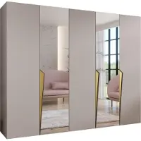 MEBLE KRYSPOL Schrank 250x202x52 cm mit Kleiderstange & Spiegel, 5xTür, PIANO, Kaschmir, Griff Gold