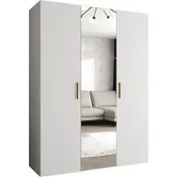 MEBLE KRYSPOL Schrank 150x202x52 cm mit Kleiderstange & Spiegel, 3xTür, BARI, Weiß, Griff Gold