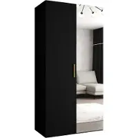 MEBLE KRYSPOL Schrank 100x202x52 cm mit Kleiderstange & Spiegel, 2xTür, BARI, Schwarz, Griff Gold