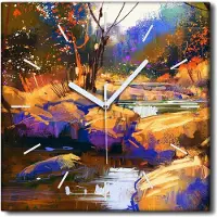 Coloray Uhr auf Leinwand 30x30 cm Wand Uhr Dekoration Wohnzimmer Segeltuch weiße Zeiger -Flusssteine Natur.