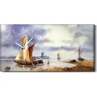 Coloray Wandkunst Leinwand Bild Uhr Geräuschlos Kunstdruck 60x30 Gemälde Schiff Fischer - weiße Hände