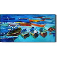 Coloray Wanduhr Leinwand Bild Uhr Kunstdruck 60x30 Bild Azur Blaues Meer Malerei Boots - weiße Hände