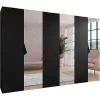 MEBLE KRYSPOL Schrank 300x202x52 cm mit Kleiderstange & Spiegel, 6xTür, SANDI, Schwarz, Griff Schwarz