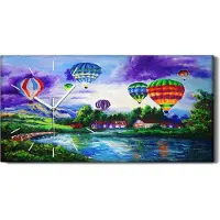 Coloray Küche Wohnzimmer Wand Leinwand Uhr Quarz 60x30 Malerei Luftballons Dorf Wasser - weiße Hände