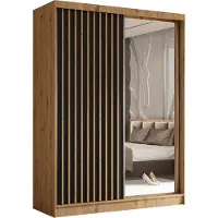 Masseno Schiebetürenschrank LAMELLO 160 cm Kleiderschrank Schlafzimmer Schrank 2-türig mit Spiegel und Lamellen Eiche Artisan