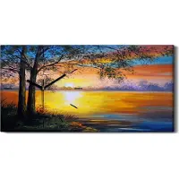 Coloray Leinwand Uhr Küche Wohnzimmer Bild Kunstdruck 60x30 Gemälde Fluss Bäume Himmel - schwarze Hände