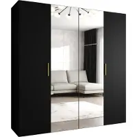 MEBLE KRYSPOL Schrank 200x202x52 cm mit Kleiderstange & Spiegel, 4xTür, BARI, Schwarz, Griff Gold