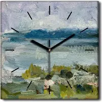 Coloray Uhr auf Leinwand 30x30 cm Wand Uhr Dekoration Wohnzimmer Segeltuch schwarze Hände -Berge. Wasser. Gras
