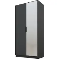 PAWS MÖBEL Kippbarer Graphit Kleiderschrank 100x52x200 cm, zweitüriger offener Kleiderschrank mit Spiegel, mit Einlegeböden und Kleiderbügel