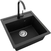WAGRAN GRANMASTER Horizon Granitspüle mit Wasserhahn 1 Becken mit Siphon, Spüle Arbeitsplatte Küchenspüle mit Wasserhahn, 49 x 49 x 20,3 cm Spüle aus Granit