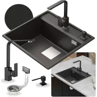 WAGRAN GRANMASTER Qube Spülbecken Küche mit 1 Becken - Granitspüle mit Abtropffläche, Einer Batterie und Küchenspender, Schwarz Metallic