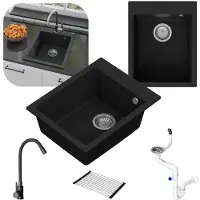 WAGRAN Granmaster Ivo Granitspülbecken Komplett-Set mit Flexibel Küchenarmatur im Schwarz, Syphon und Rollmatte – 1-komorige Spüle kratzfest, hitzebeständig