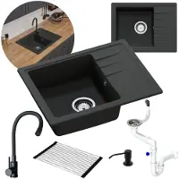 WAGRAN GranMaster Gracia Granitspülbecken Komplett-Set, Flexiblen Wasserhahn, Siphon, Seifenspender und Rollmata – 1-komoriger Spülbecken, kratzfest