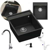 WAGRAN GRANMASTER Magma Granitspülbecken Komplett-Set Flexiblen Wasserhahn, Siphon, Seifenspender – 1-komoriger Spülbecken kratzfest hitzebeständig modernes