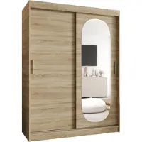 MEBLE KRYSPOL ROYAL 150 Kleiderschrank mit zwei Schiebetüren für Schlafzimmer – moderner Aufbewahrungsschrank mit Kleiderstange und Regalen – 150x200x62cm - Sonoma