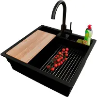 PrimaGran Unterbauspüle Granit Schwarz 56x54cm, Spülbecken 1 Becken + Ablauf-Set + Küchenzubehörset, Granitspüle ab 60er Unterschrank - Bergen Pocket