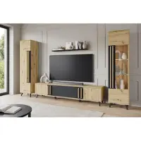 MINIO go for it , HURON II Wohnwand – Wandregal mit 2 Schränken, TV-Lowboard, 1 Hängeregal, Kunststoffbeine, mit LED-Beleuchtun, Artisan Eiche/Schwarz