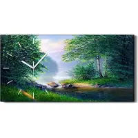 Coloray Dekor Leinwand Uhr Wandbilder 60x30 Malerei Wald Bäume Fluss Landschaft - weiße Hände