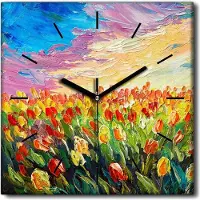 Coloray Uhr auf Leinwand 30x30 cm Wand Uhr Dekoration Wohnzimmer Segeltuch schwarze Hände -Tulpenblumen