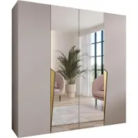 MEBLE KRYSPOL Schrank 200x202x52 cm mit Kleiderstange & Spiegel, 4xTür, PIANO, Kaschmir, Griff Gold