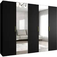 MEBLE KRYSPOL Schrank 250x202x52 cm mit Kleiderstange & Spiegel, 5xTür, BARI, Schwarz, Griff Gold