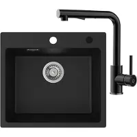CECIPA MAX 50x45 cm Granitspüle mit ausziehbar Armatur, pflegeleichte kratzfeste Küchenspüle, spüle granit mit armatur, Spülbecken mit Küchenarmatur,