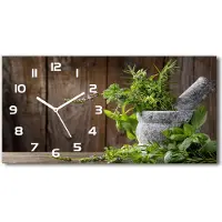 Tulup Wanduhr aus Glas – 60x30 cm - Glasbild - Glasuhr - Gehärtetes Glas - weisse-zeiger - Kräuter in einem Mörser