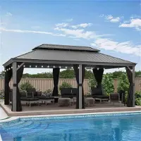 PURPLE LEAF Hardtop Pavillon 3.65x6m wasserdicht winterfest und stabil für den Garten,Hellgrau,mit Beleuchtung