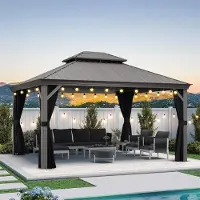 PURPLE LEAF Hardtop Pavillon 3.65x4.25m wasserdicht winterfest und stabil für den Garten,Hellgrau,mit Beleuchtung
