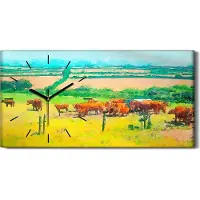 Coloray Leinwand Wanduhr Wandkunst Uhr Geräuschlos 60x30 Sommer Landschaft Rinder Wiese - schwarze Hände