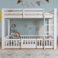 XTEILC Kinderbett mit rechtwinkliger Treppe Geländer und Tür Absturzsicherung Etagenbett Jugendbett 90x200cm Weiß