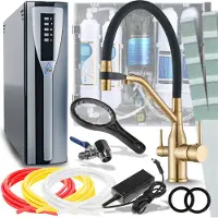 ARI Wasserfilter Set, 3-Wege Küchenarmatur Magneto mit Wasserfiltersystem, ausziehbare Brause, 360° schwenkbar, Gold