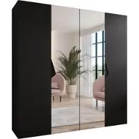 MEBLE KRYSPOL Schrank 200x202x52 cm mit Kleiderstange & Spiegel, 4xTür, SANDI, Schwarz, Griff Schwarz