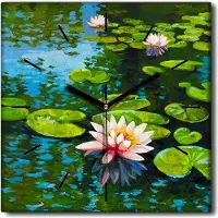 Coloray Uhr auf Leinwand 30x30 cm Wand Uhr Dekoration Wohnzimmer Segeltuch schwarze Hände -Wasserlilien Pflanze.