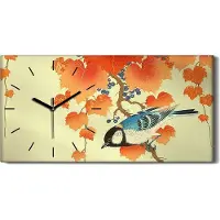 Coloray Wanduhr Uhr Wandbild Leinwand 60x30 Bild Japanische Kunst Vogel rot Efeu - schwarze Hände