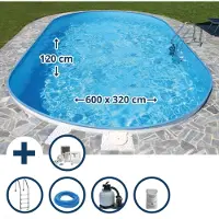 Summer Fun Stahlwandpool Set (6-teilig) oval tief Faro 600x320x120 cm, Stahl 0,6 mm weiß Folie 0,6 mm blau, Einhängebiese