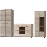 Meble Laski Wohnwand LINK Eiche Sonoma – Schrank + Kommode + Vitrine – Wohnzimmermöbel