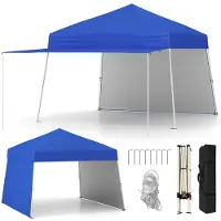 Goplus 430 x 280 cm Pop-up Pavillon mit 2 Seitenwänden, verstellbare Outdoor-Sonnenschutz tragbar mit 8 Heringen & 4 Windseilen, Blau