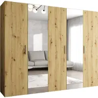 MEBLE KRYSPOL Schrank 250x202x52 cm mit Kleiderstange & Spiegel, 5xTür, BARI, Artisan-Eiche, Griff Silber