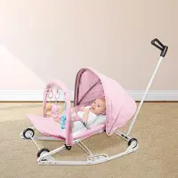 Belfoyer 2 in 1 Babywippe mit Schubstange,Klappbar Babyschaukel mit Spielzeugen und Moskitonetz für Säuglinge von 0–6 Monaten Rosa