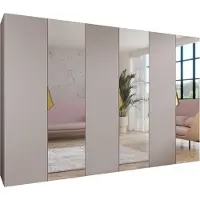 MEBLE KRYSPOL Schrank 300x202x52 cm mit Kleiderstange & Spiegel, 6xTür, SANDI, Kaschmir, Griff Gold