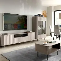 Lomadox Wohnzimmer-Set mit Lowboard & Highboard & Couchtisch in Taupe, Wellenoptik, 3-teilig - NASHVILLE-161