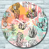Coloray Wanduhr aus Glas Rund fi 30 Pflanzen Kaktus Quarz Deko Schlafzimmer Büro