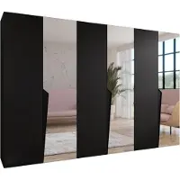 MEBLE KRYSPOL Schrank 300x202x52 cm mit Kleiderstange & Spiegel, 6xTür, PIANO, Schwarz, Griff Schwarz