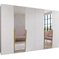 MEBLE KRYSPOL Schrank 300x202x52 cm mit Kleiderstange & Spiegel, 6xTür, PIANO, Weiß, Griff Gold