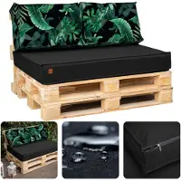 Blomster Palettenkissen 120 x 80 Set für Palettenmöbel Wasserdicht Europaletten Sitzkissen EU Palettensofa komplett besteht aus 3 Teilen in Farbe: schwarz mit grünen Blättern