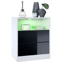 Vladon Kommode Pino V1, Germany, Nachttisch mit 2 Schubladen & 1 offenem Fach, Weiß matt/Schwarz Hochglanz mit LED RGB (56 x 67,5 x 36 cm)