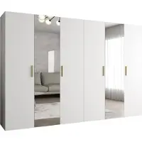 MEBLE KRYSPOL Schrank 300x202x52 cm mit Kleiderstange & Spiegel, 6xTür, BARI, Weiß, Griff Gold