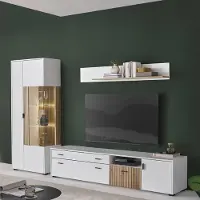 Lomadox TV Wand mit Vitrinenschrank inkl. Beleuchtung weiß matt Eiche gerillt HUNTER-61, 3-teilig