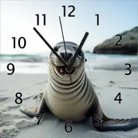 Wallario Design Wanduhr Robbe am Strand aus Echtglas, Größe 30 x 30 cm